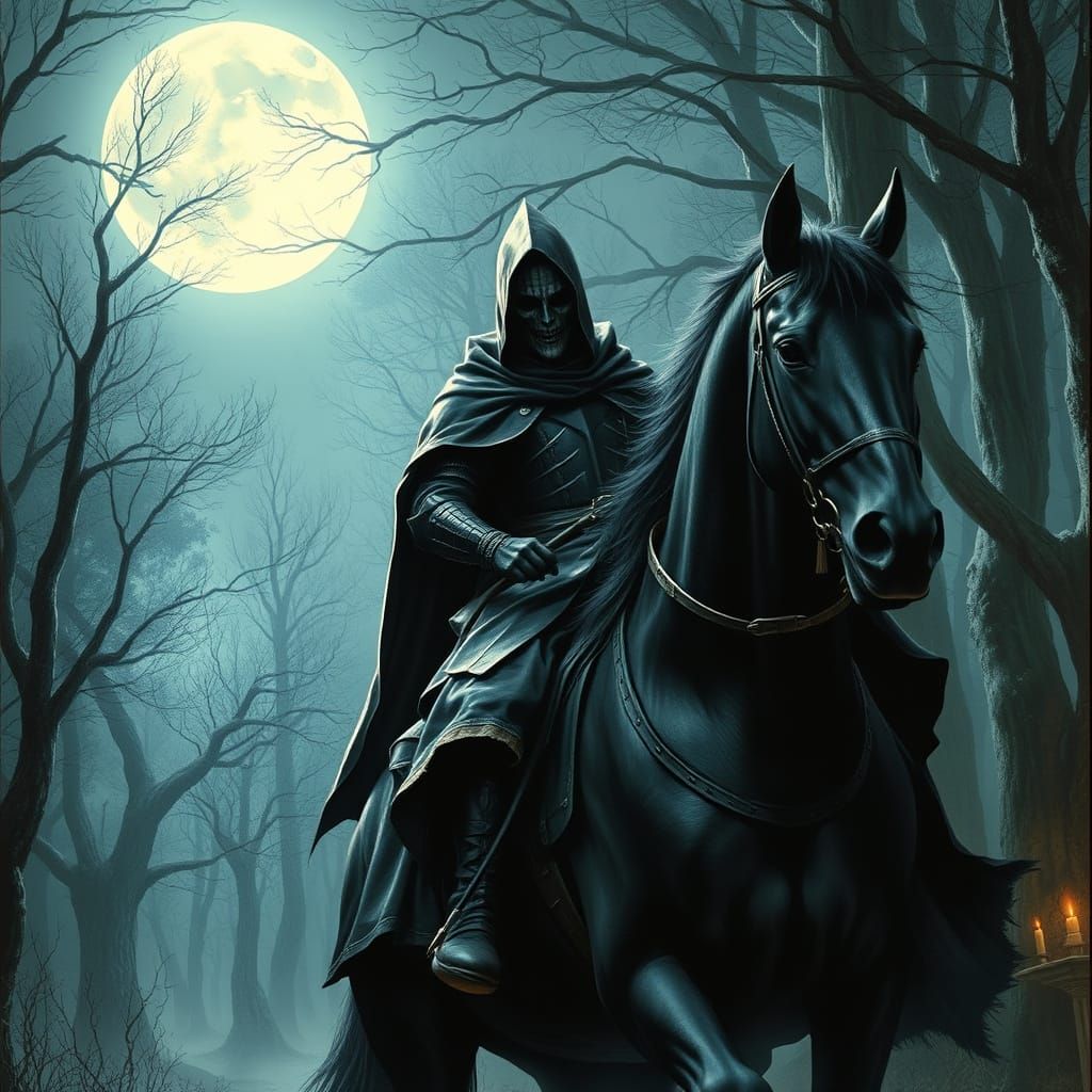 Headless Horseman in Moonlit Forest: Gothic Dark Fantasy
