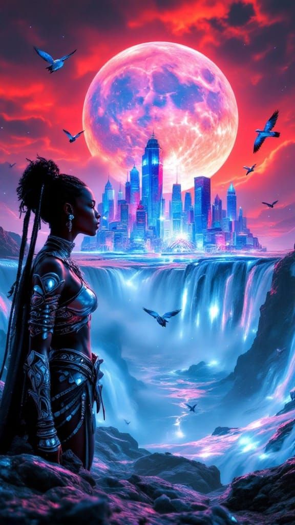 Hyperrealistic Warrior Goddess in Crystal Orb, 8K Cityscape