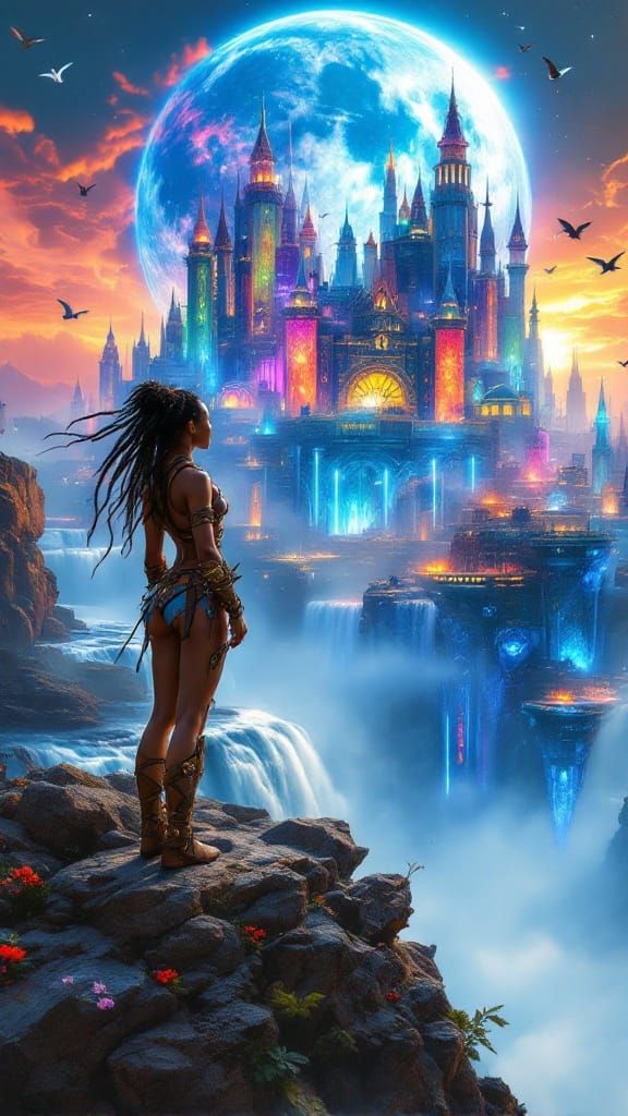 African Warrior Woman Stands Tall in Crystal Cityscape