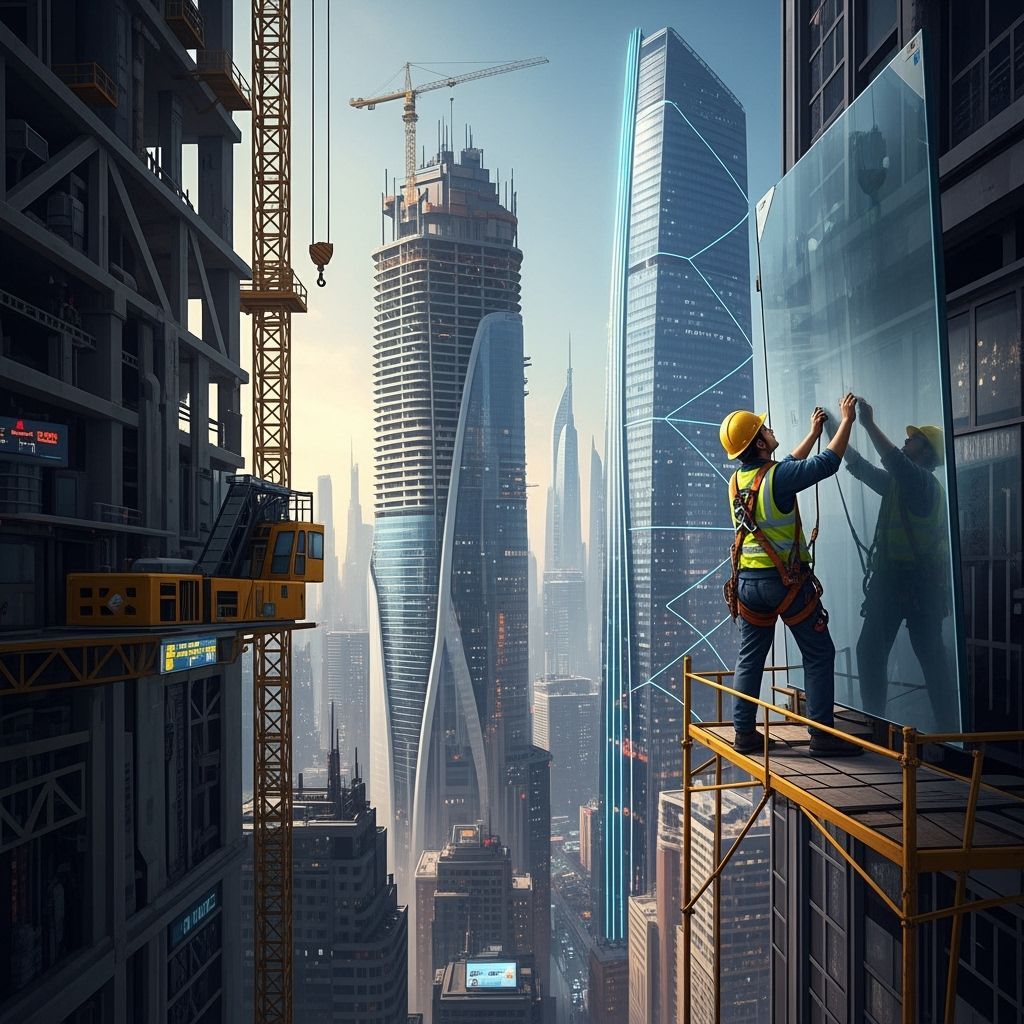 Construction Worker Installing Glass on Highrise Building