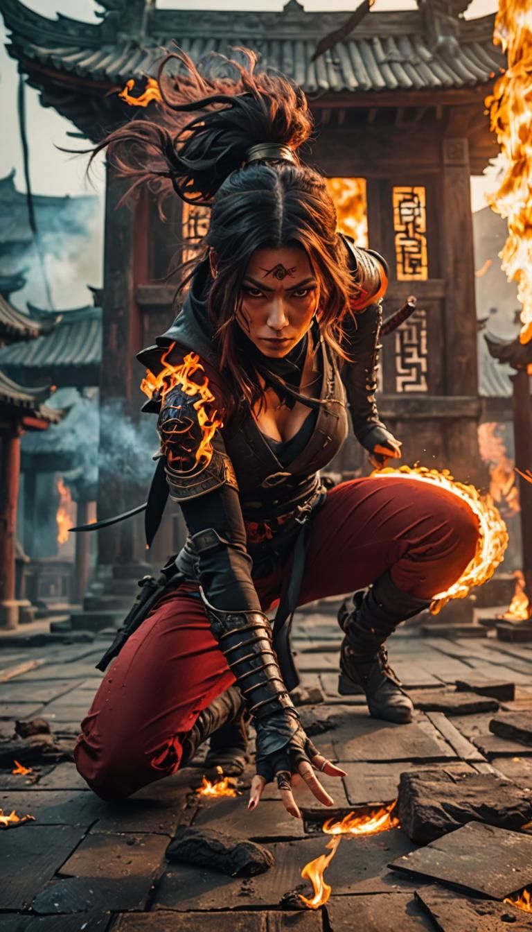 Ninja Woman on Burning Temple Roof: Cinematic Film Still