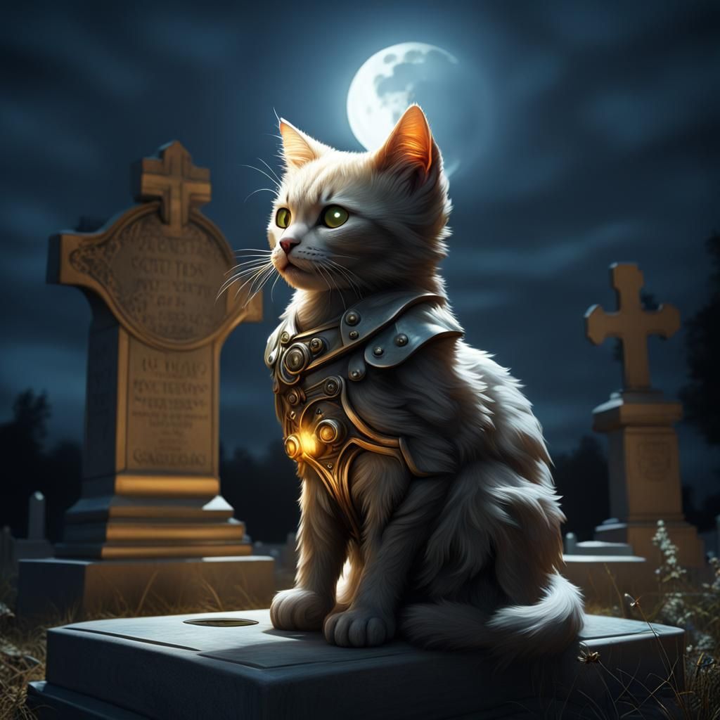 Spectral Kitten Guardian Over Cemetery in Volumetric Lightin...