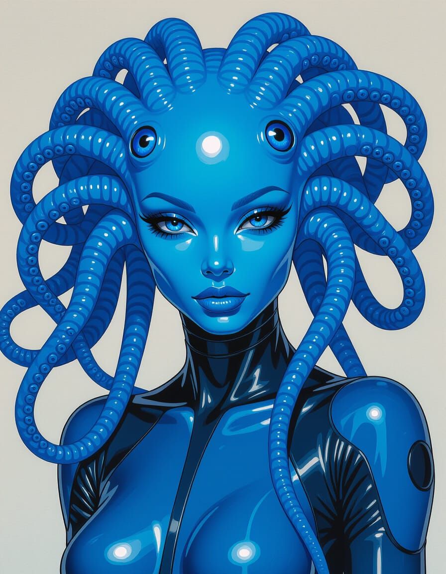 Alien Woman with Blue Tentacles & Six Eyes