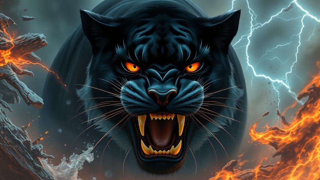 Surreal Black Panther Confronts Elemental Forces in a Swirli...
