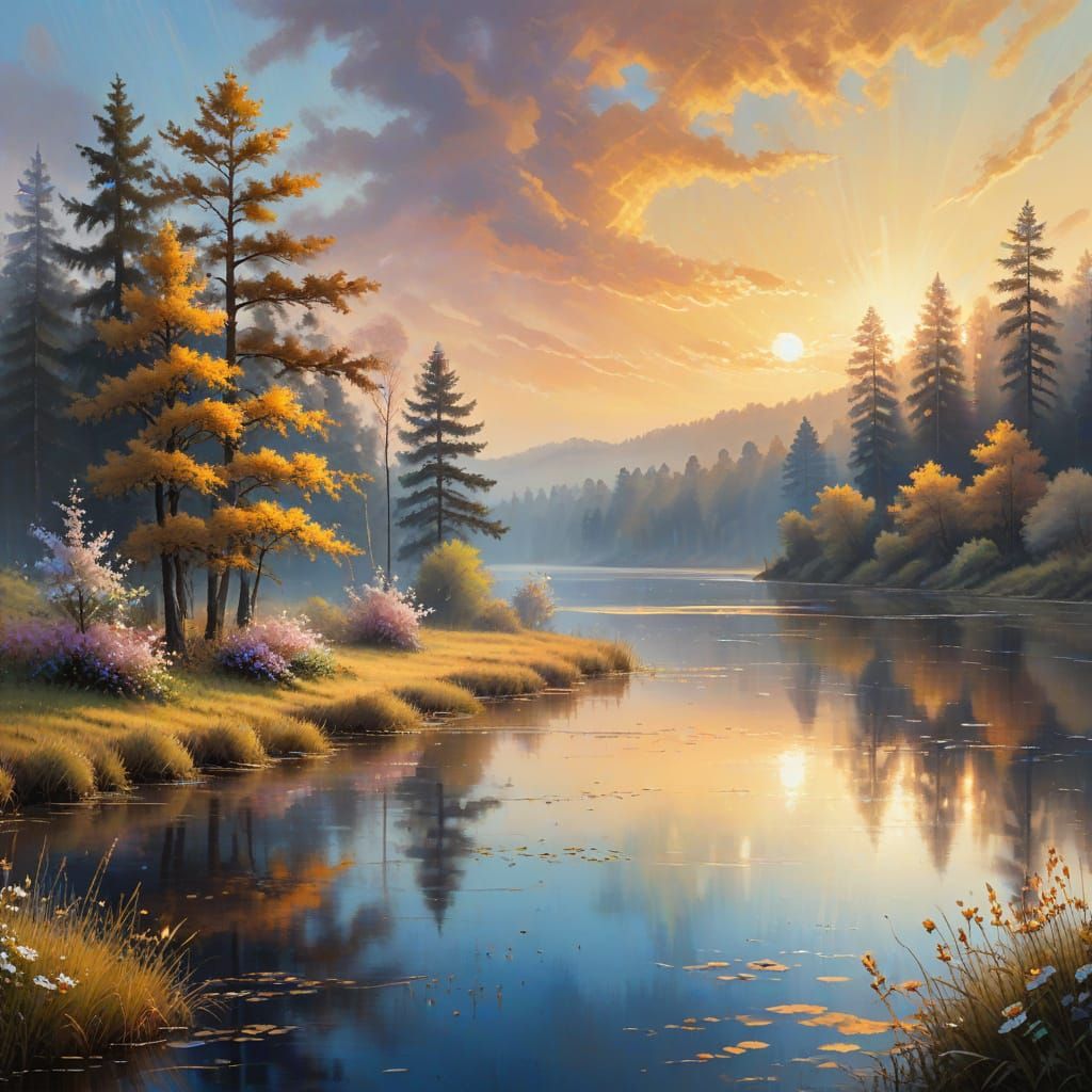 Impressionist Lake Sunrise Landscape Painting