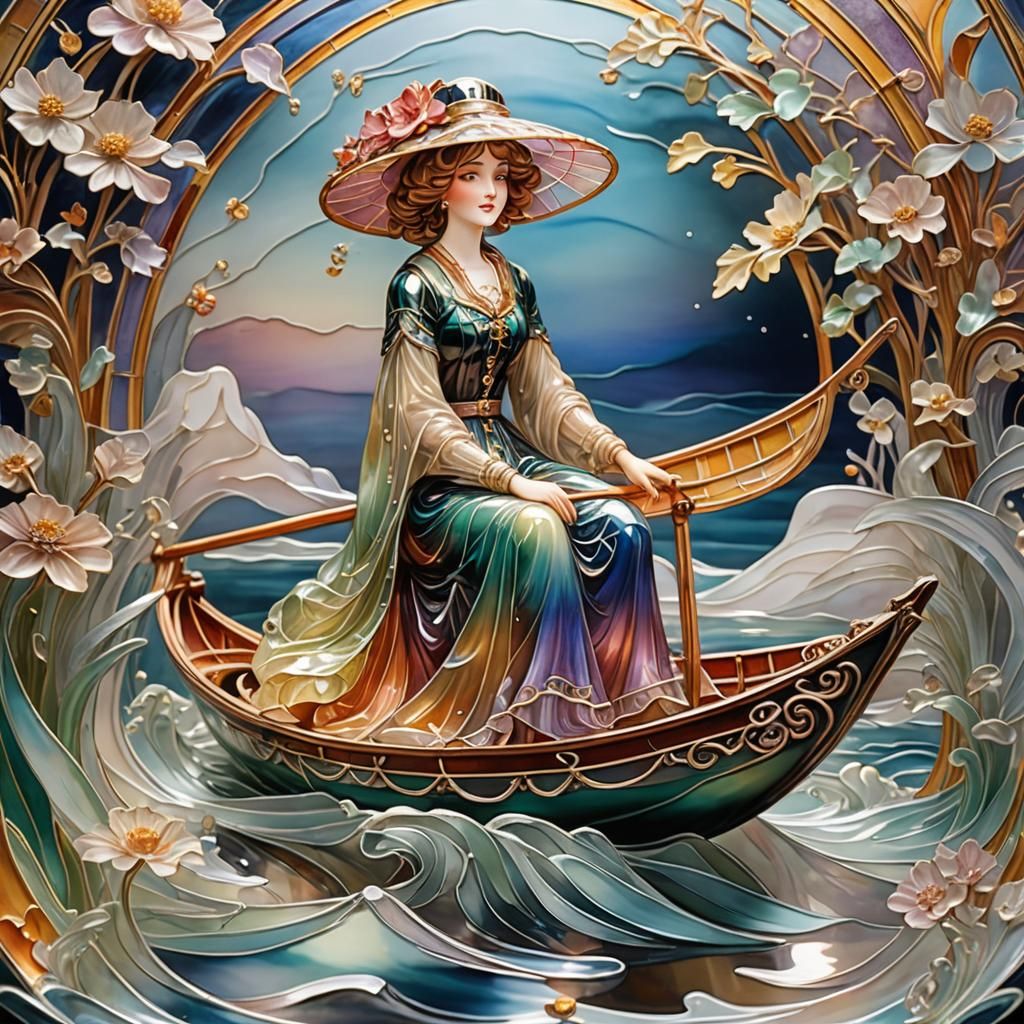 Elegant Art Nouveau Glass Boat on Glass Waves