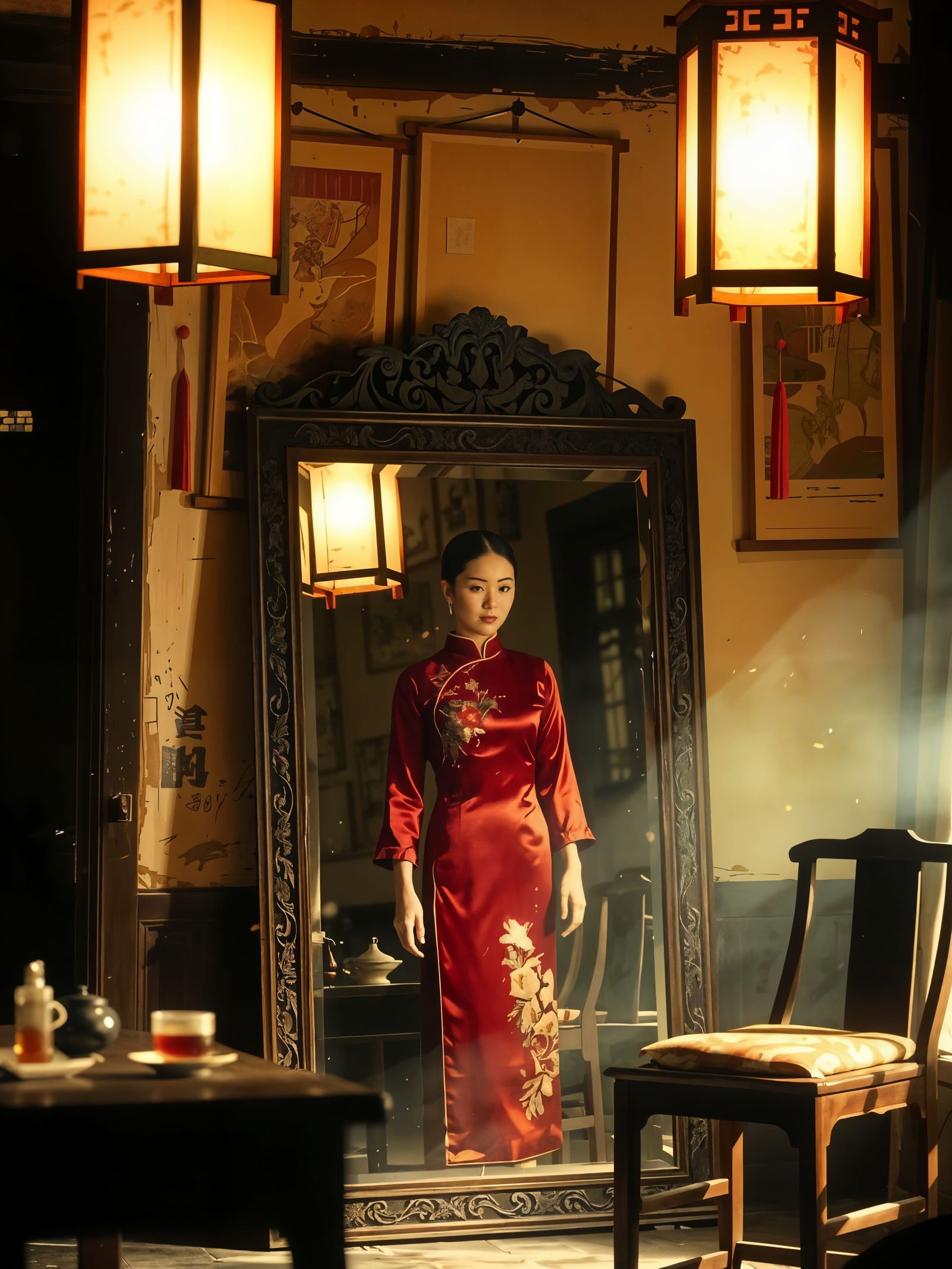 Mysterious Woman in Mirror - Old Chinese Room Scene