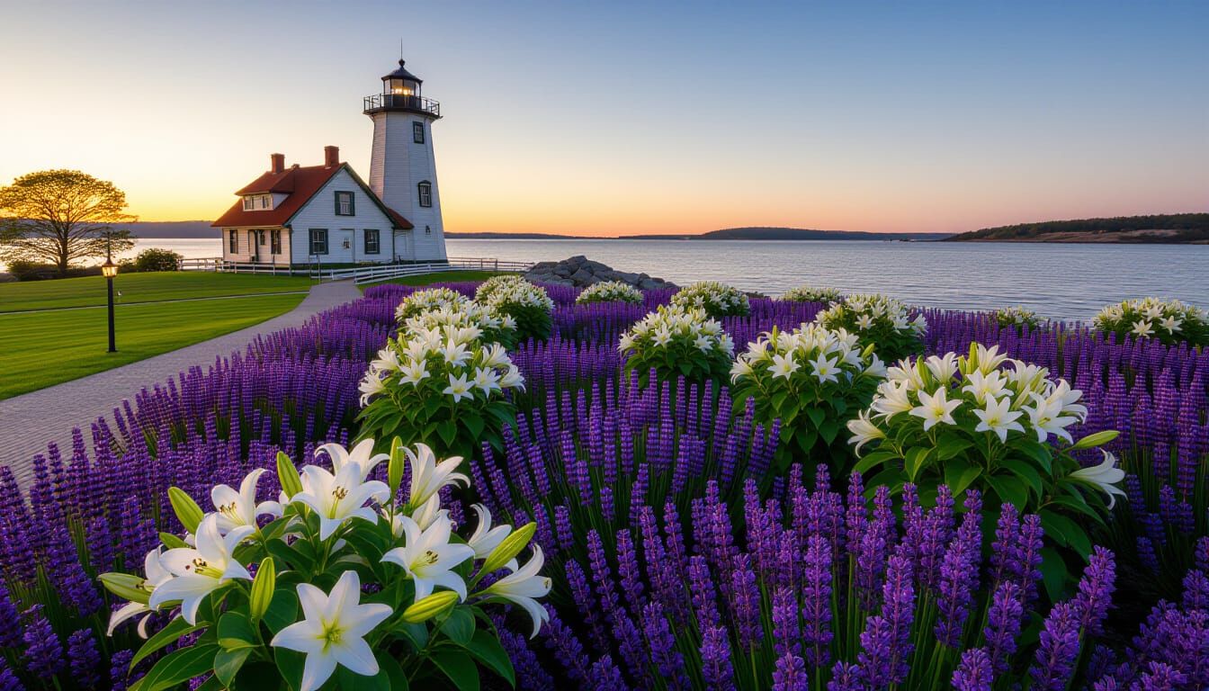 Luminous Lighthouse Landscape with Lilacs and Lilies