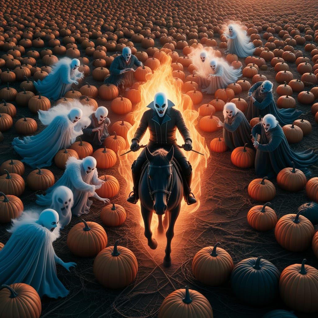 Ghost Rider Fights Spirits in Autumn Pumpkin Patch