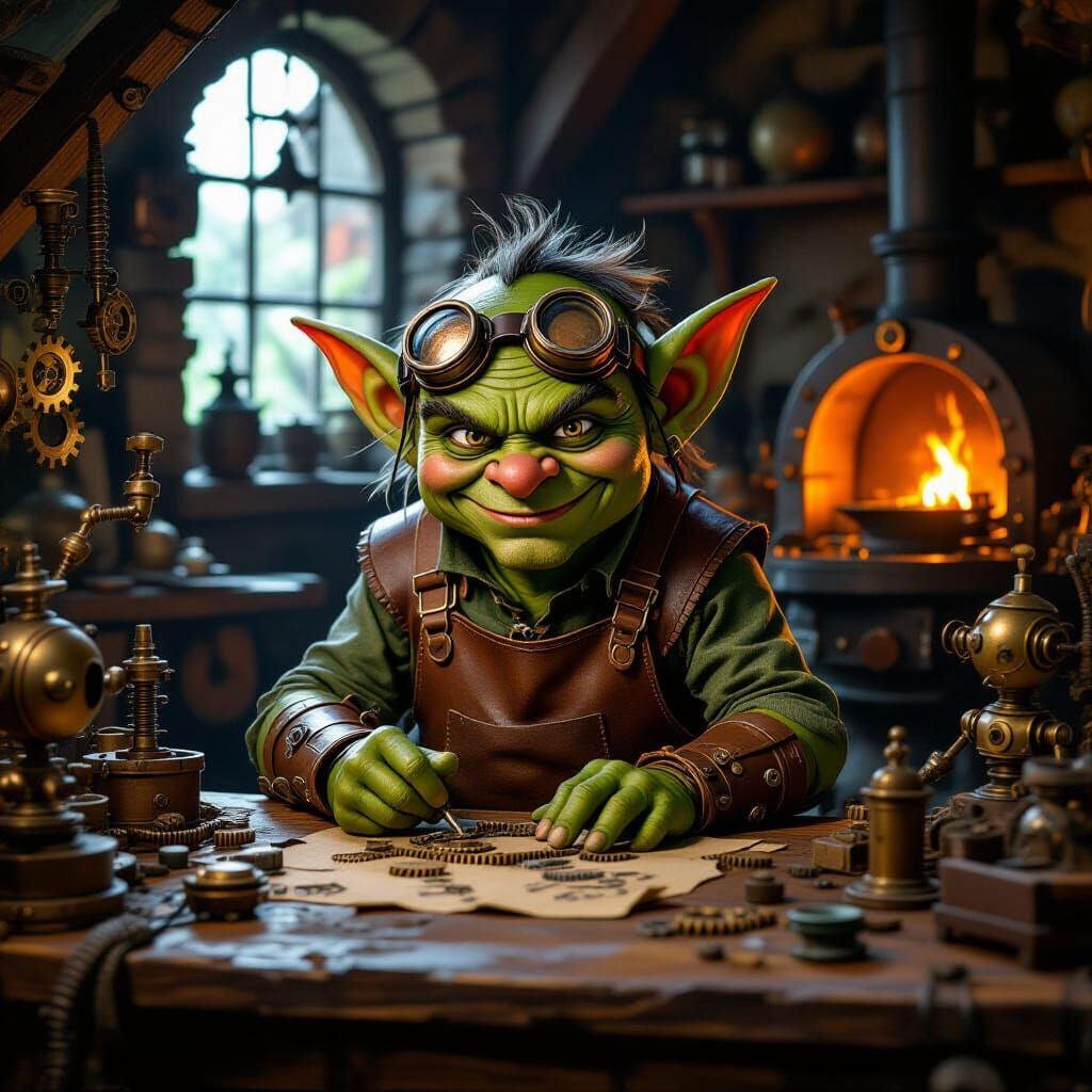 Goblin Tinkerer's Workshop: A Fantastical Steampunk Scene