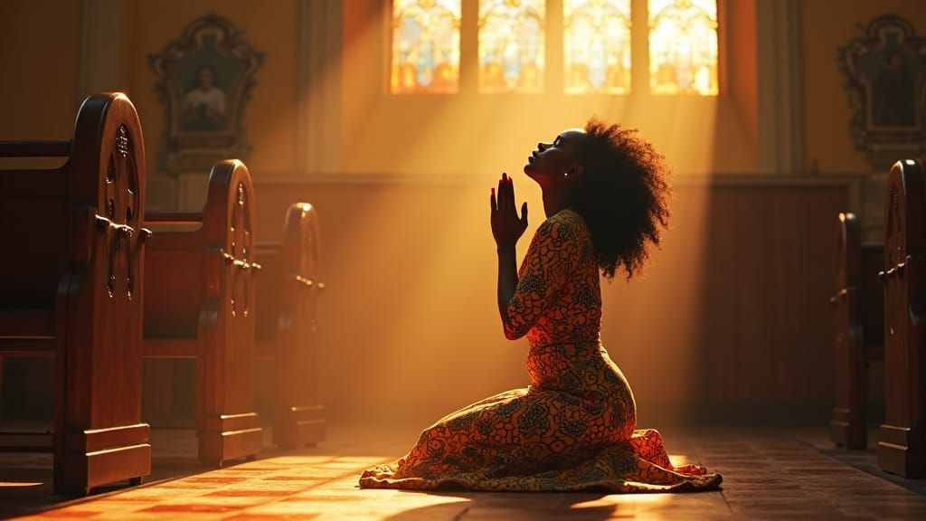 Woman Praying in Church, Ethereal Lighting