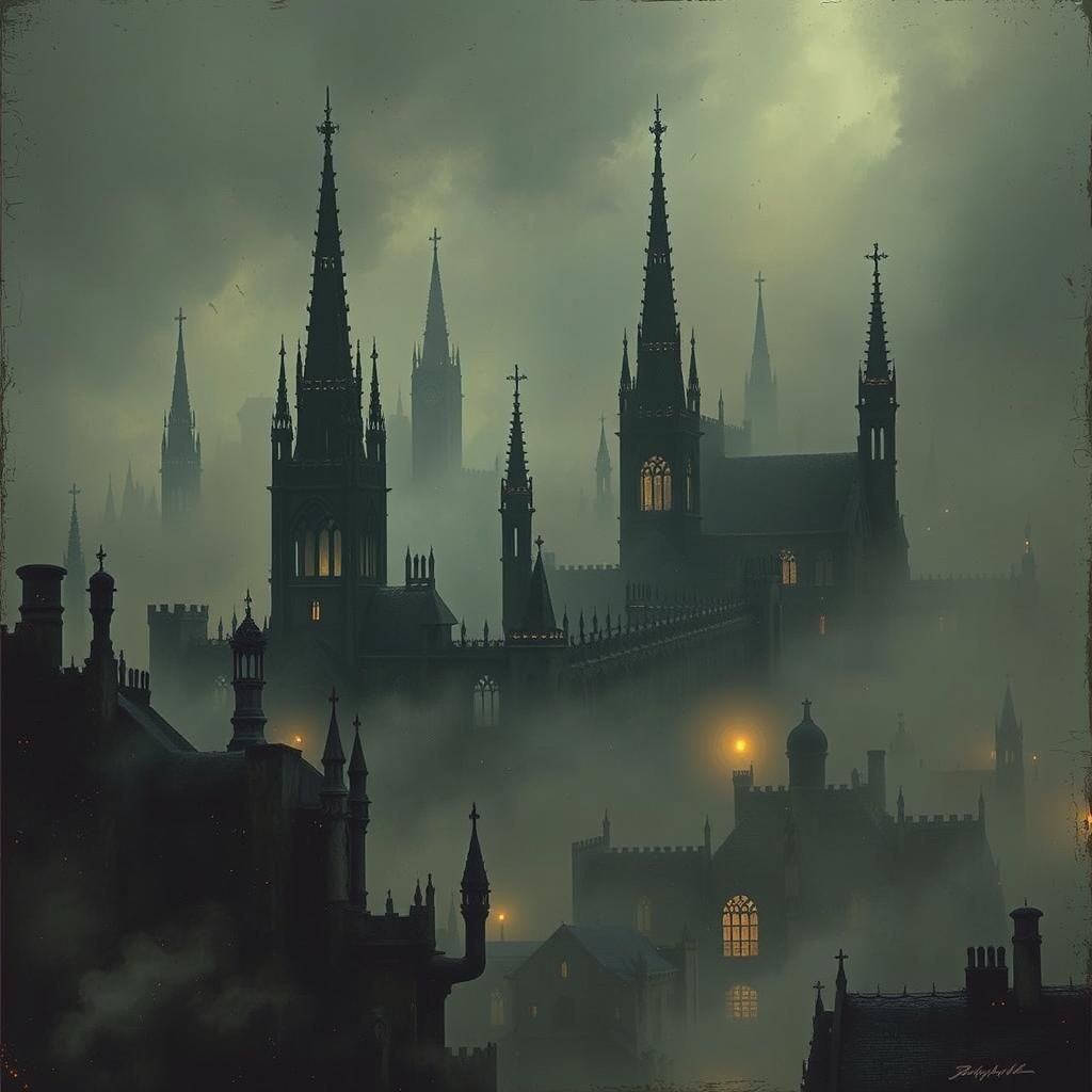 Eerie Ankh-Morpork Cityscape in Dark Mystical Style