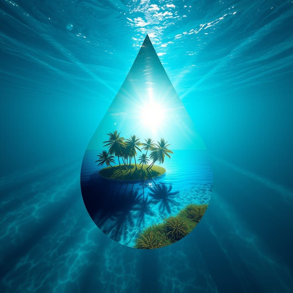 Tropical Lagoon Inside Water Droplet Silhouette