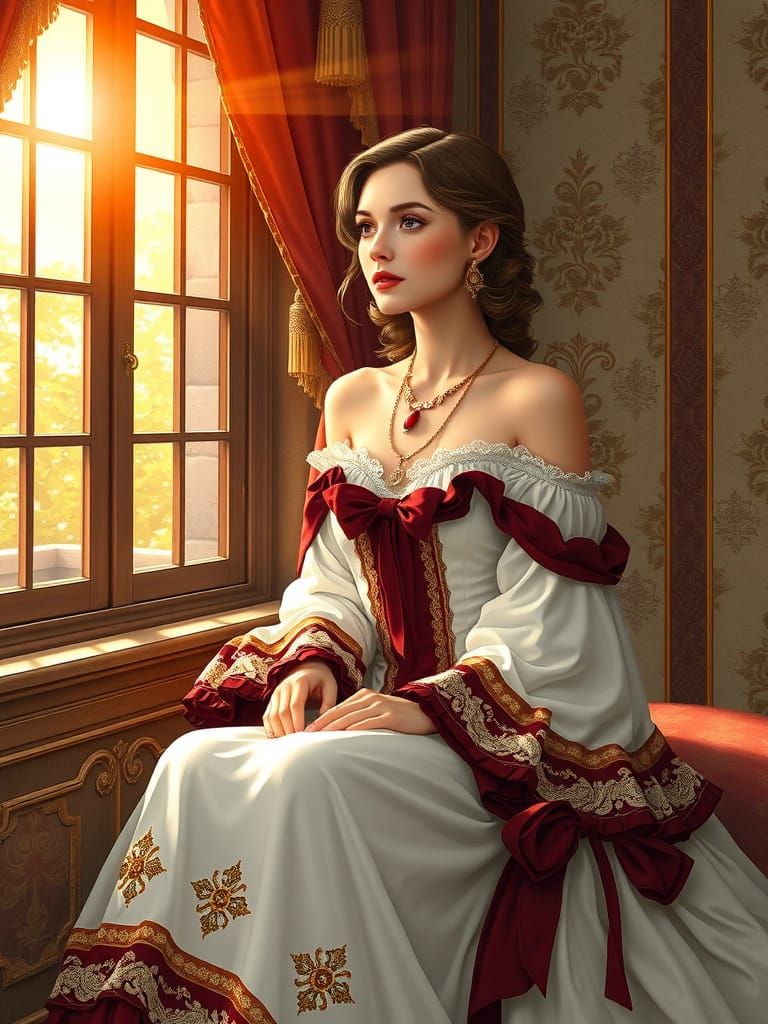 Young Woman in Gown by Sunlit Window, Art Nouveau