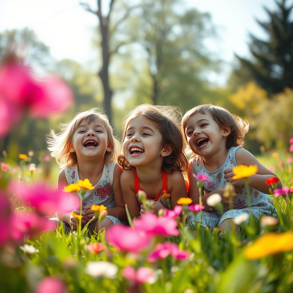 Children Playing in Sunny Meadow with Bokeh Effect