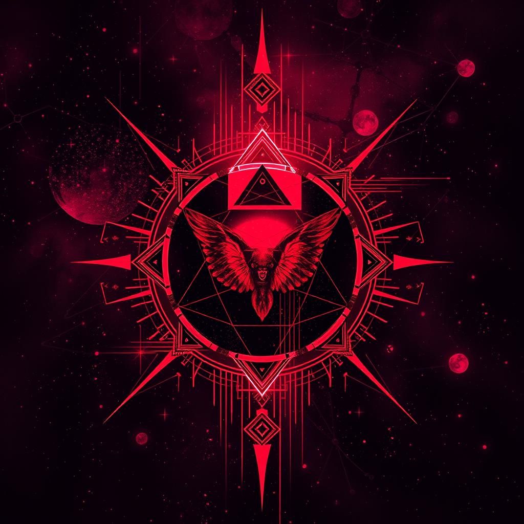 Abstract Ruby with Glitch Art and Constellations