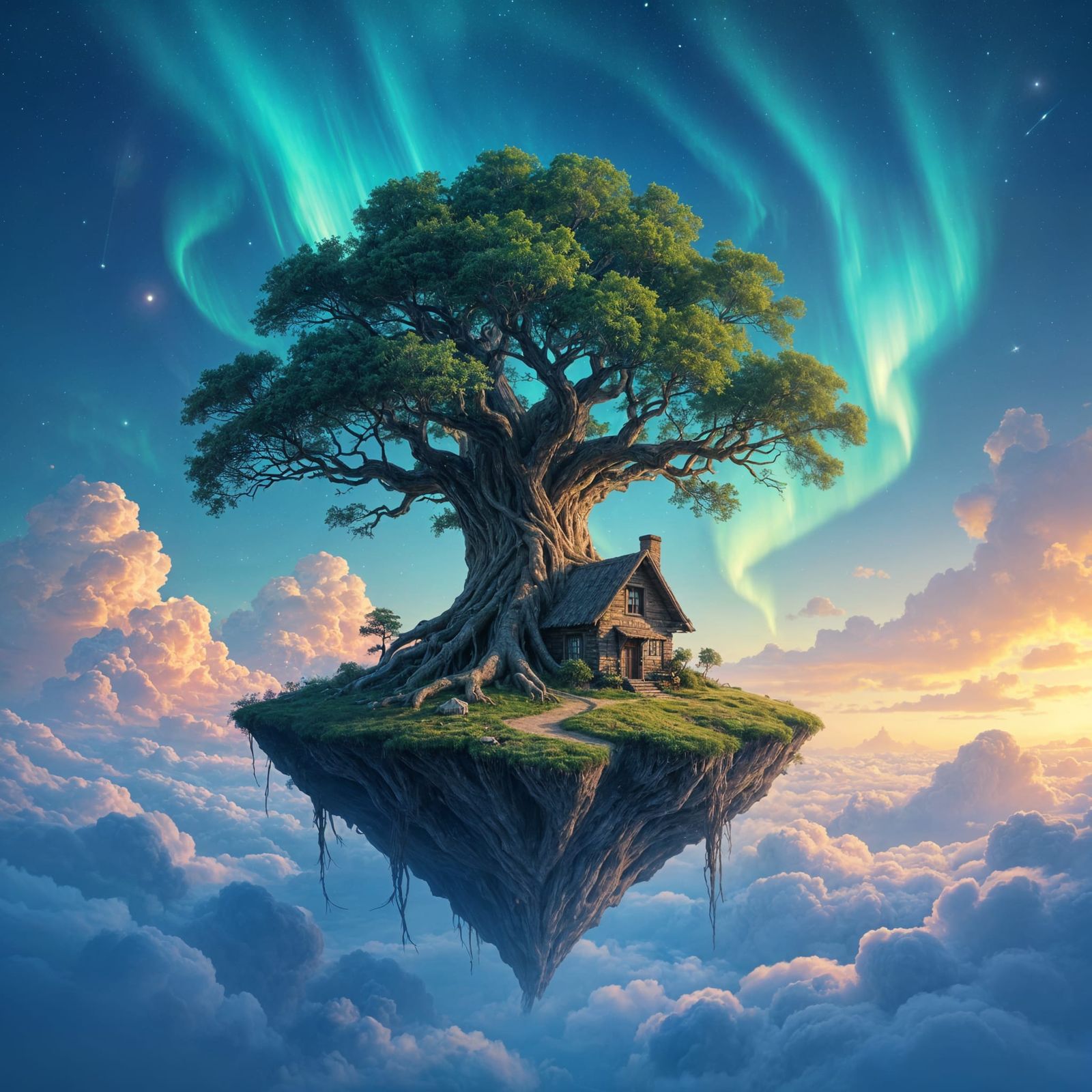 Ancient Floating Treehouse in Alien Sky