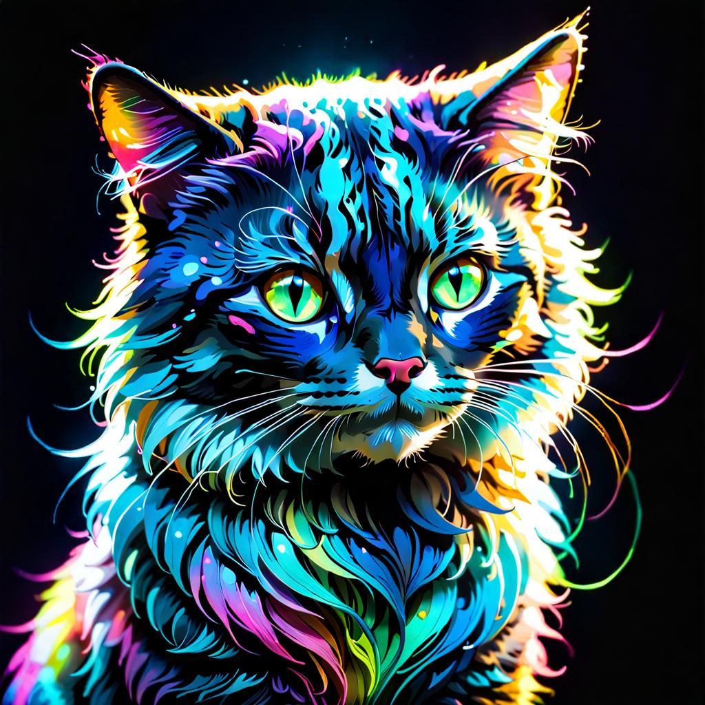 Bioluminescent Cat in Neon Watercolor Style