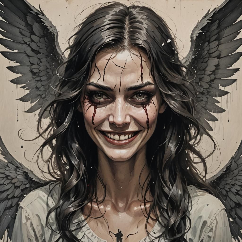 Winged Woman's Sinister Smile in Haunting Style
