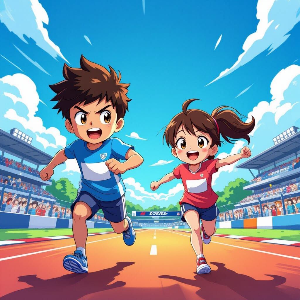 Boy Racing, Girl Cheering in Manga Style