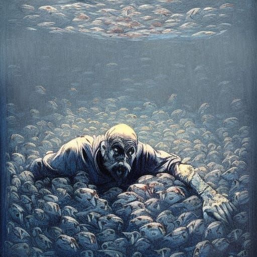Old Man Drowning Underwater Horror Scene