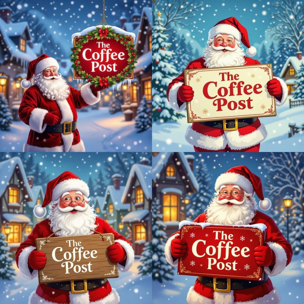 Father Christmas Holds "The Coffee Post" Sign in Snowy Scene