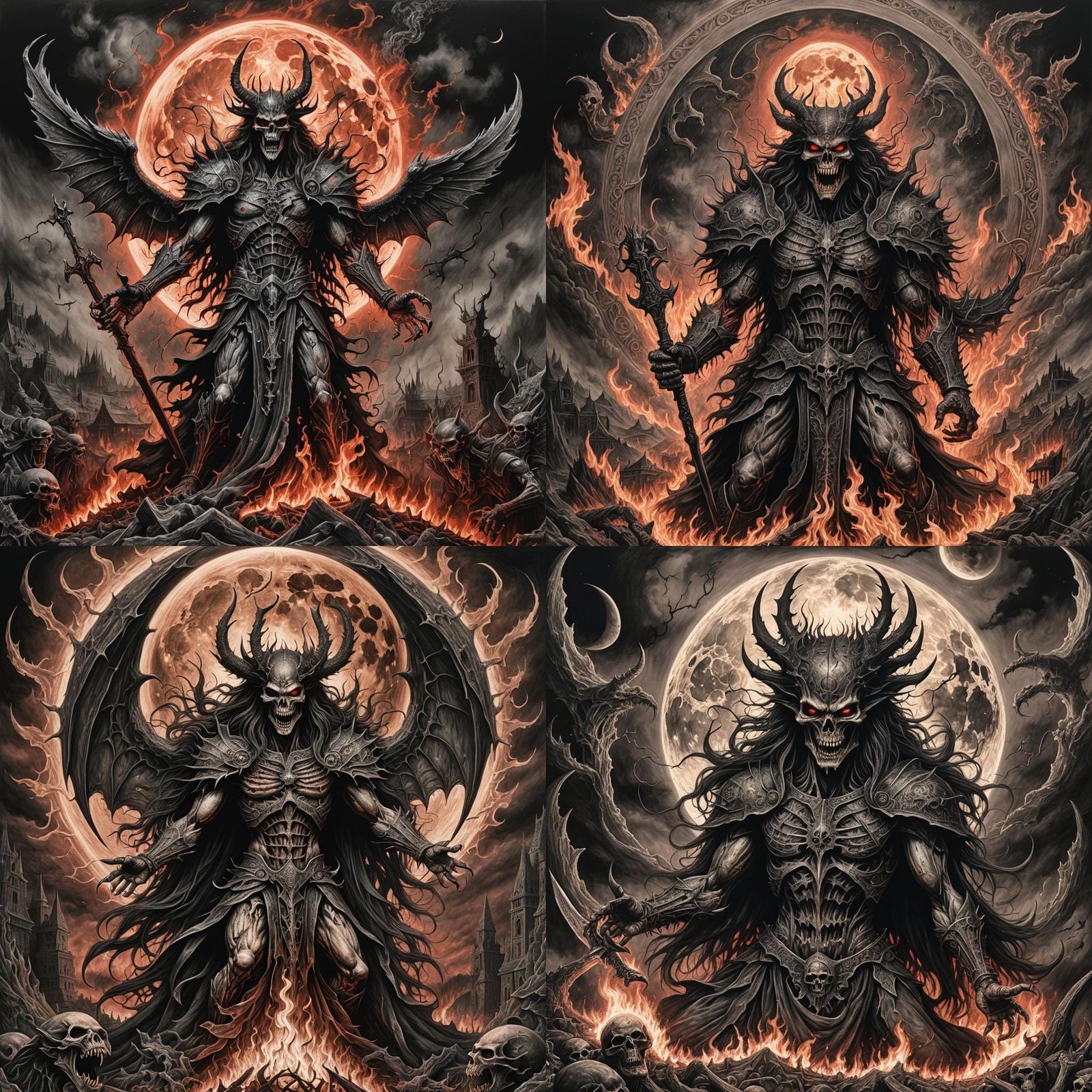 Fiery Demonic Angel Under Blood Moon: Charcoal Drawing