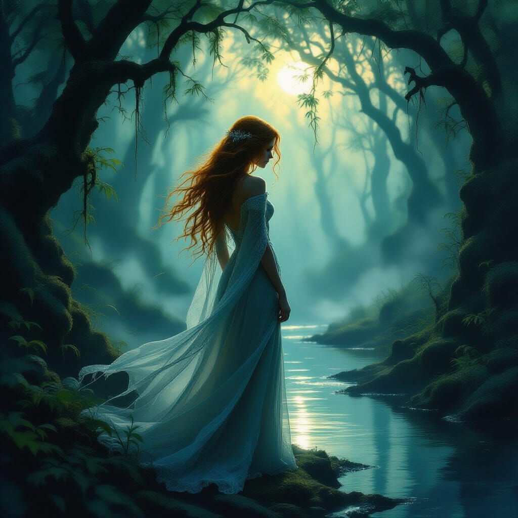 Ethereal Woman in Spiderwebs in Ancient Forest Oil Painting