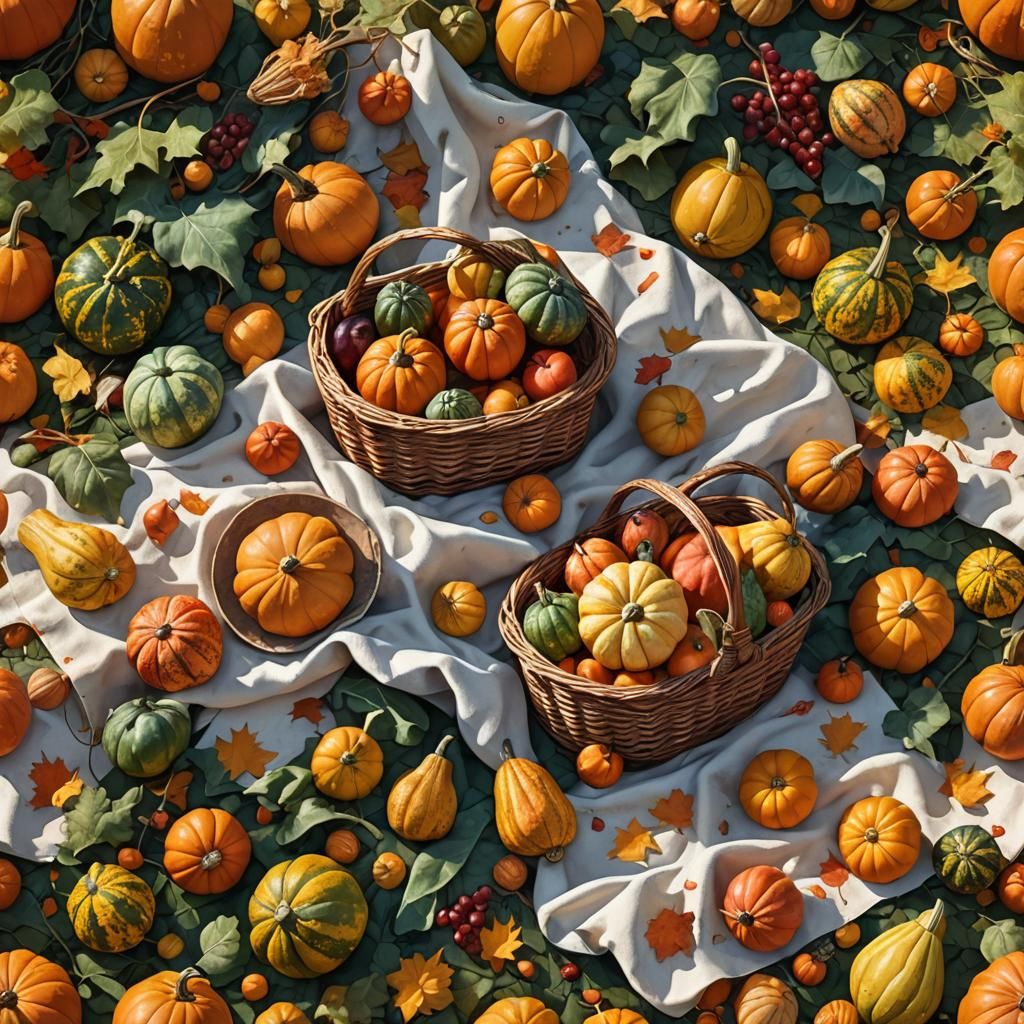 Colorful Gourds Overflowing a Picnic Basket