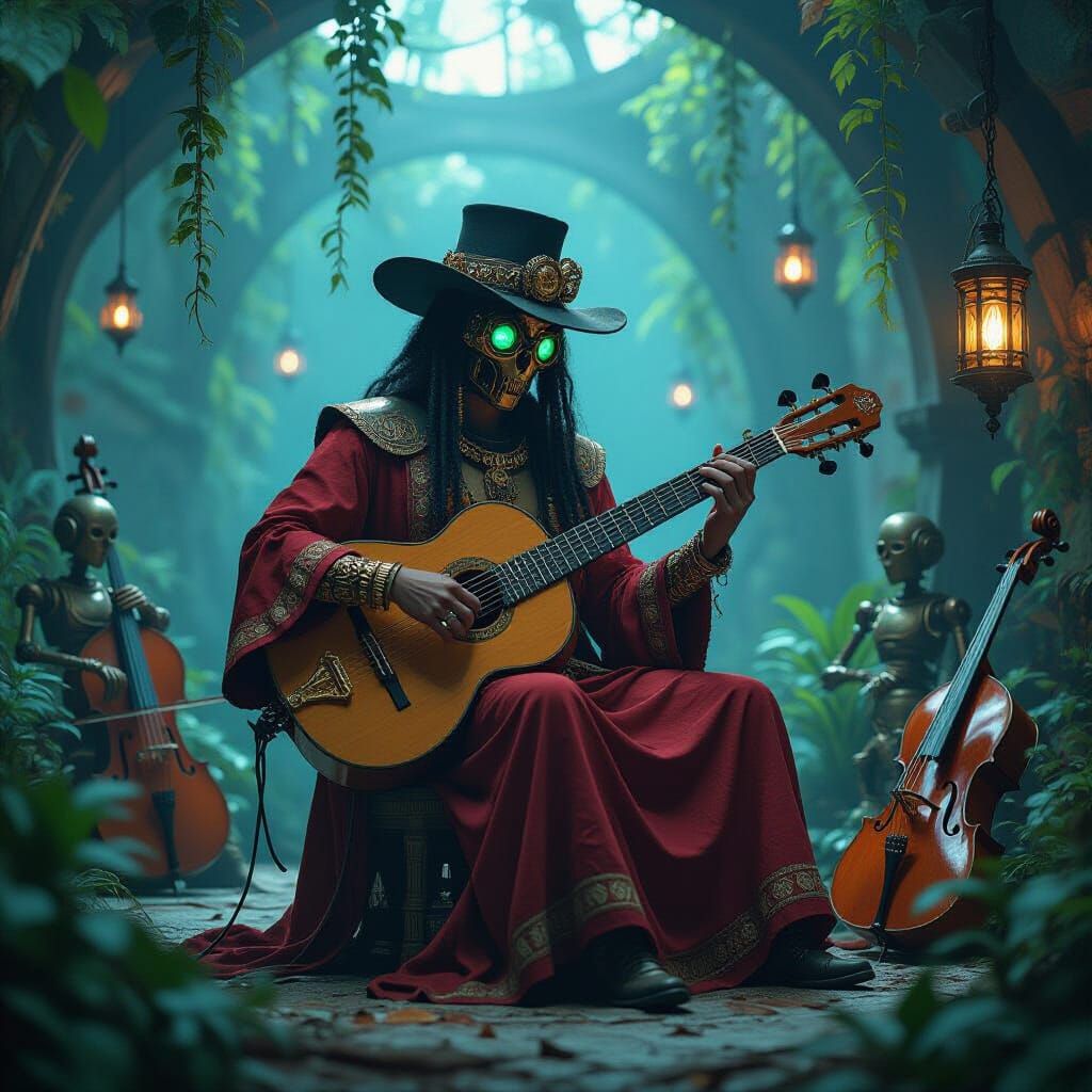 Steampunk Clockwork Musician in Bioluminescent Oasis