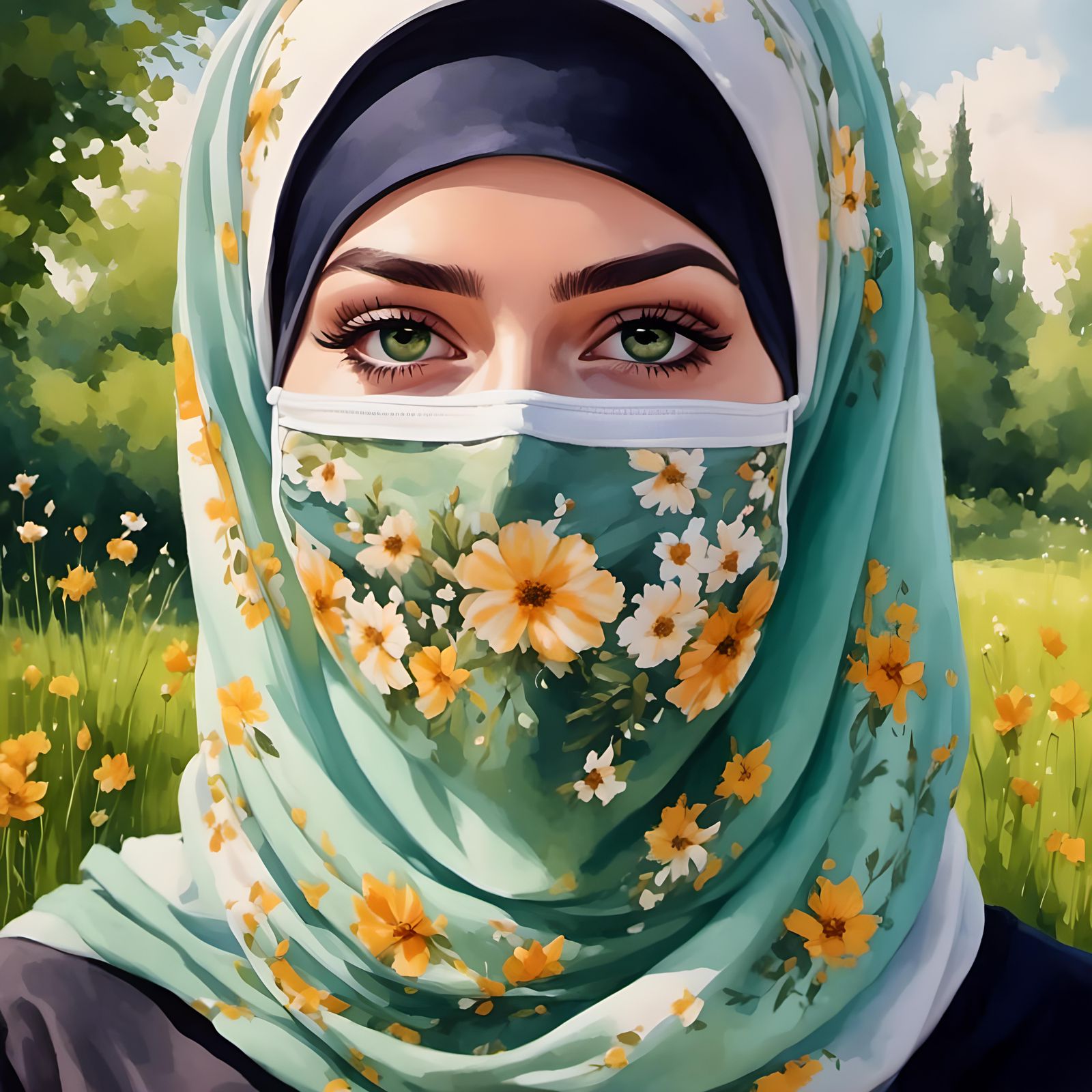 Watercolor Veiled Girl in Meadow with Facemask
