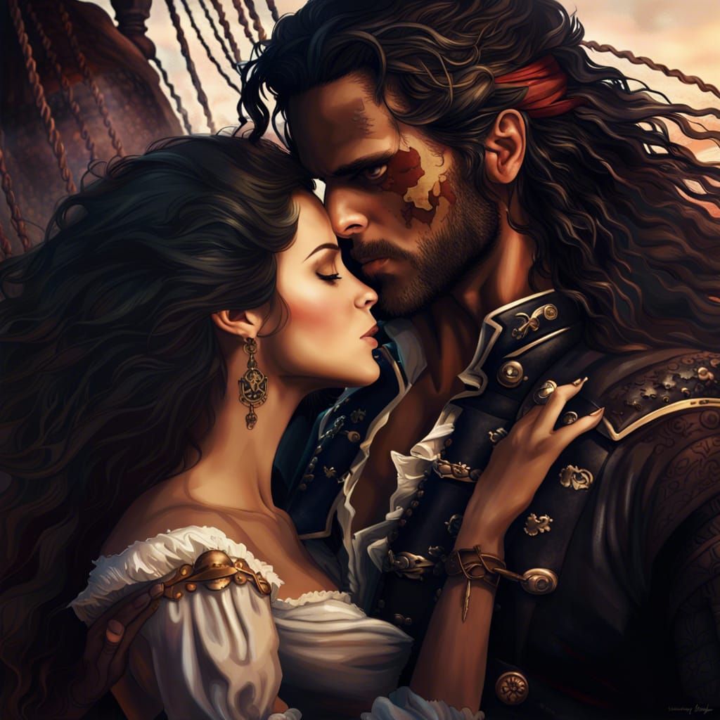 Passionate Pirate Couple Kiss in Detailed Fantasy Art