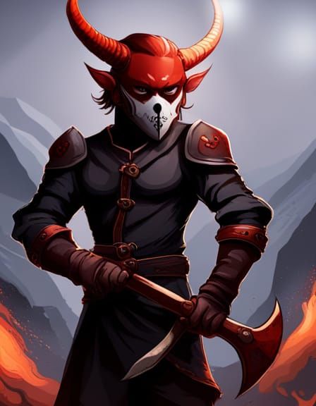 Tiefling Bandit with Skull Mask and Flaming Axe