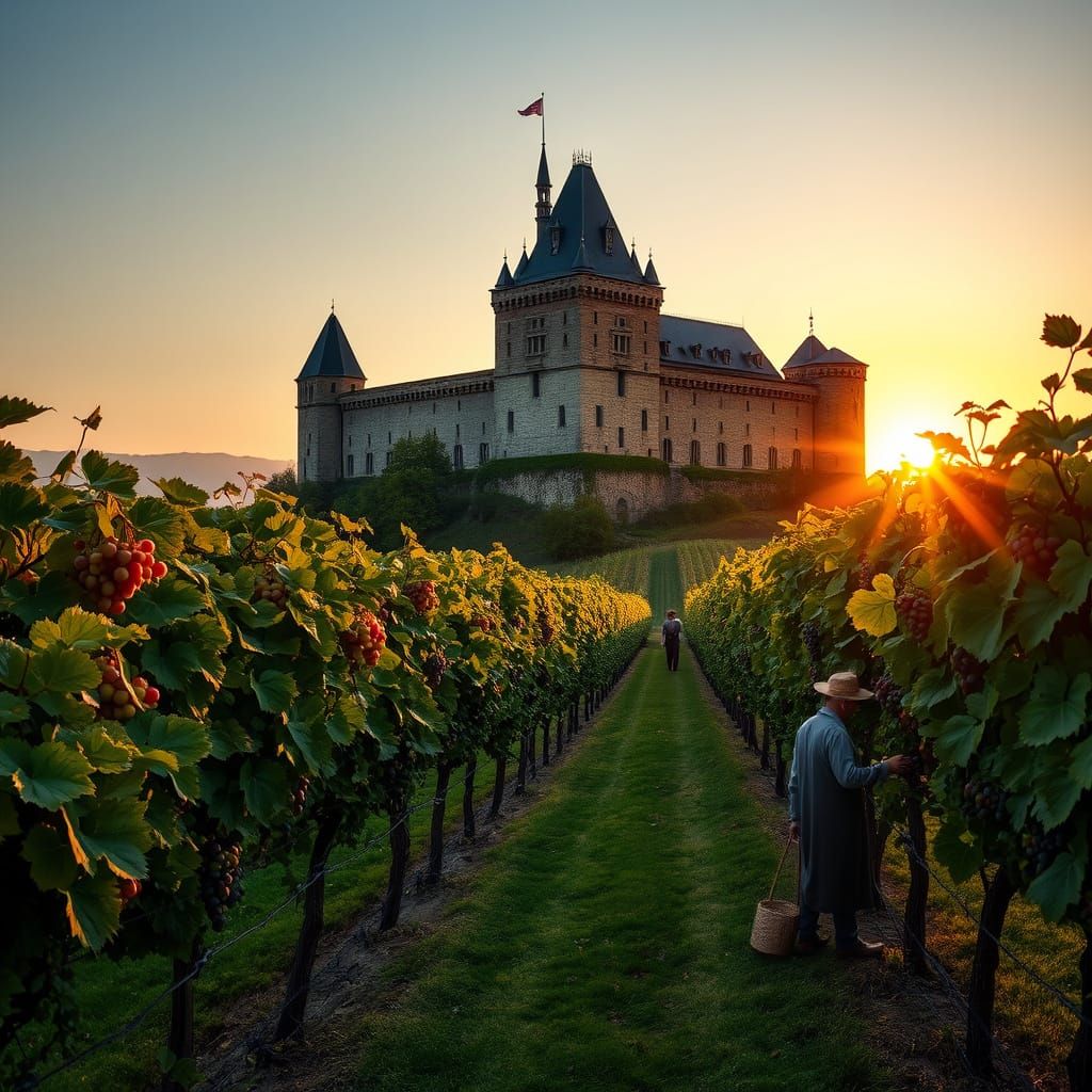 German Vineyard Sunset with Harvesters and Castle