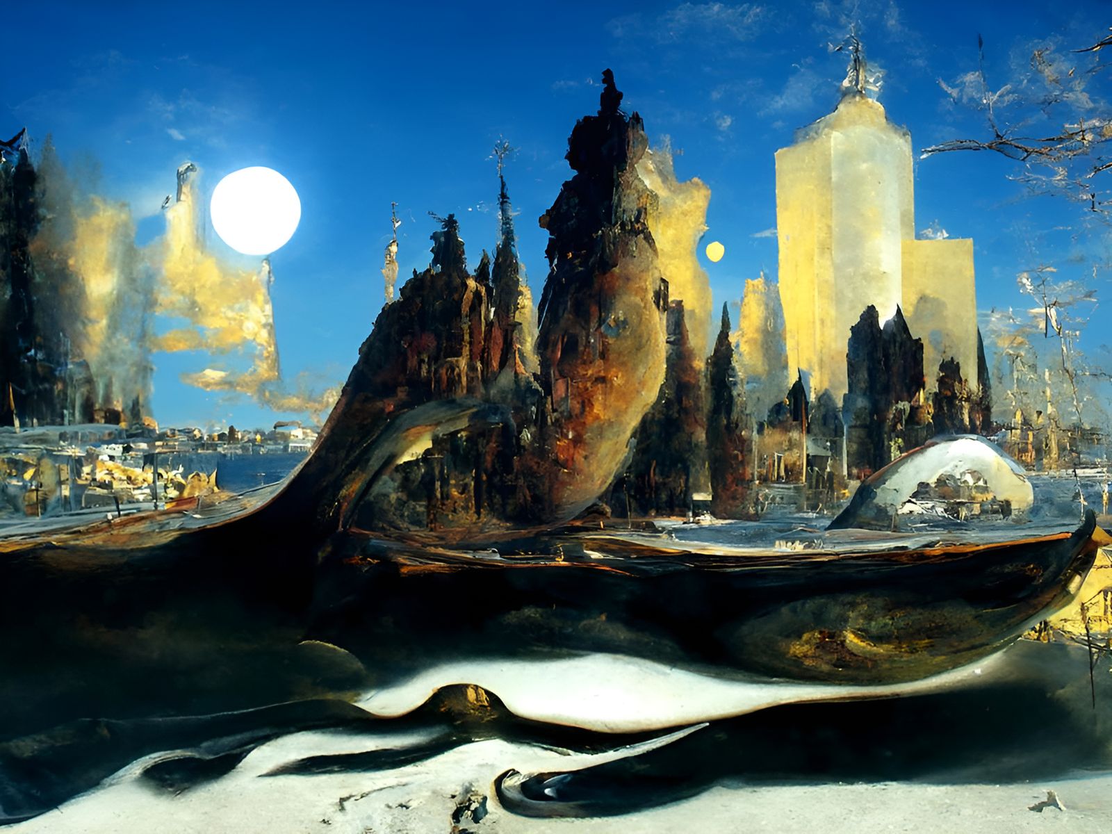 Moonlit Cityscape in Dystopian Surrealist Style