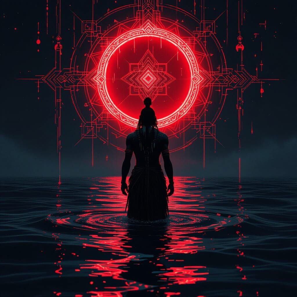 Tribal Figure in Ritualistic Neon Chaos