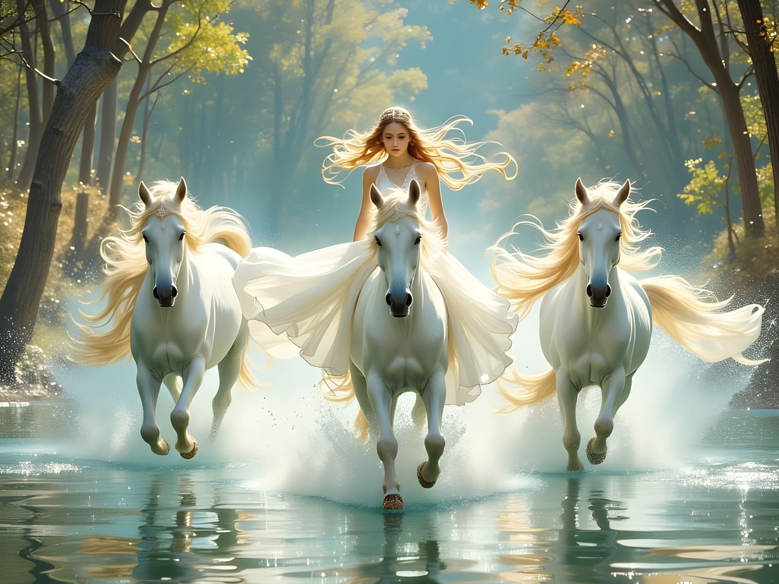 Elegant Woman Riding White Horses in Art Nouveau Style