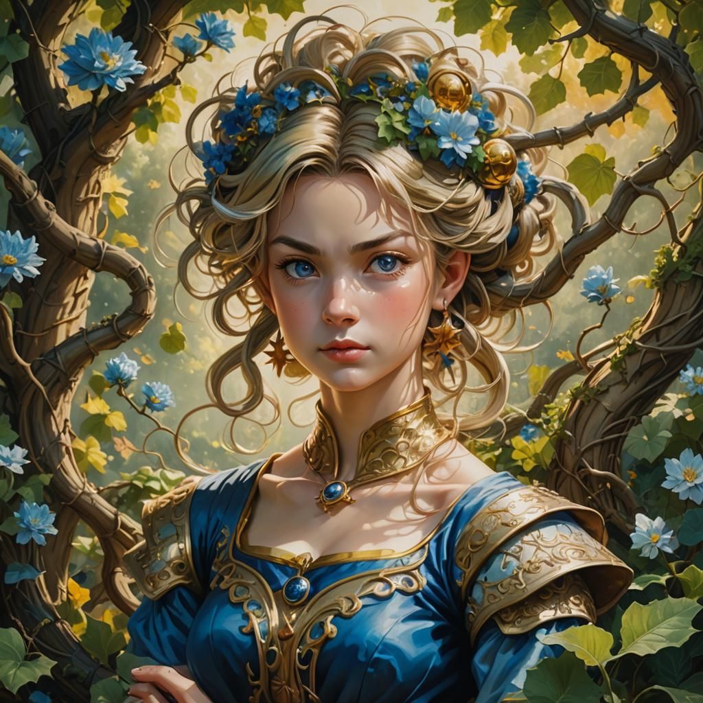 Renaissance Woman in Garden: Oil Painting