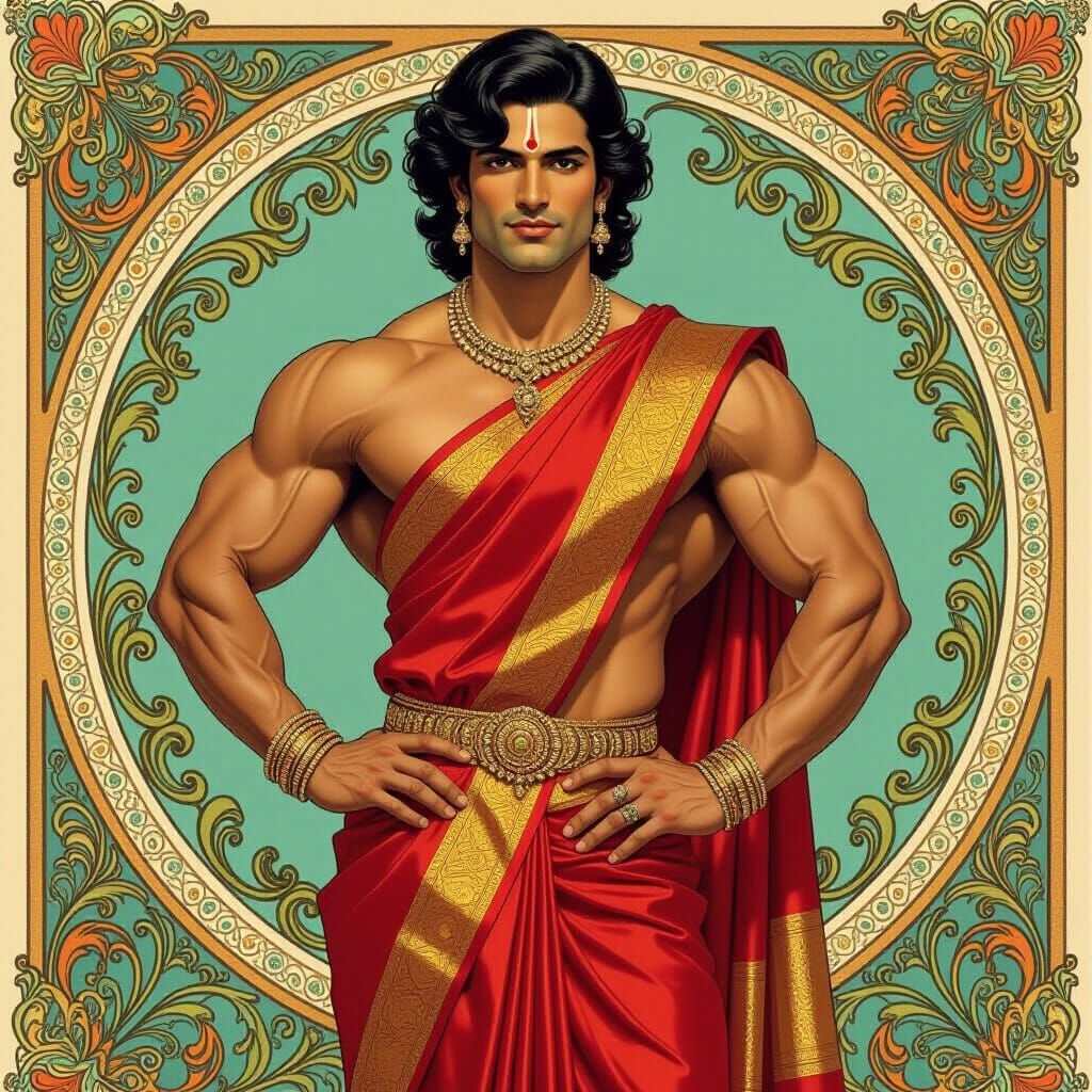 Muscle Men in Sarees: Alphonse Mucha-Inspired Art