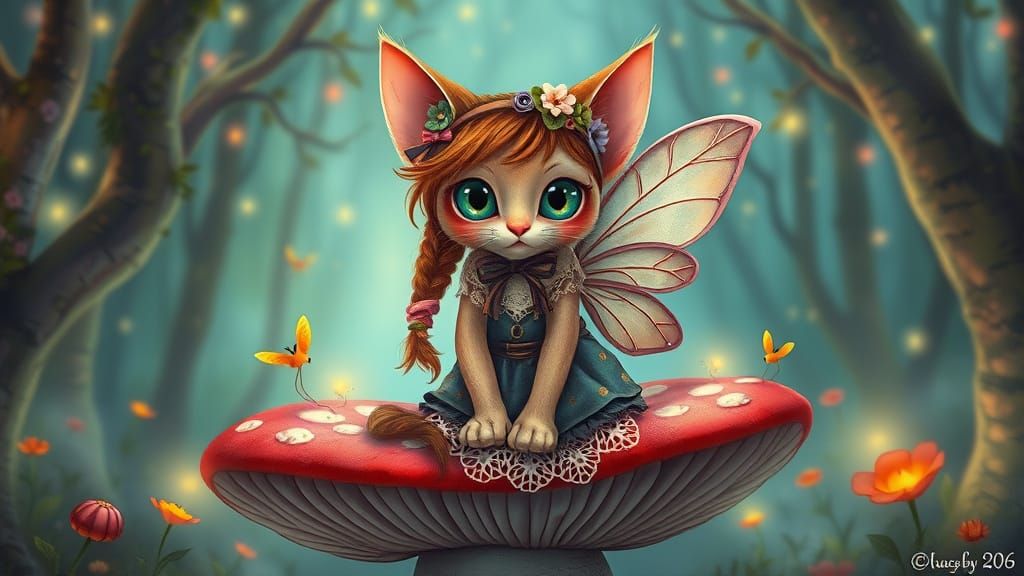 Bohemian Pixie Cat in Bioluminescent Forest, Art Brut