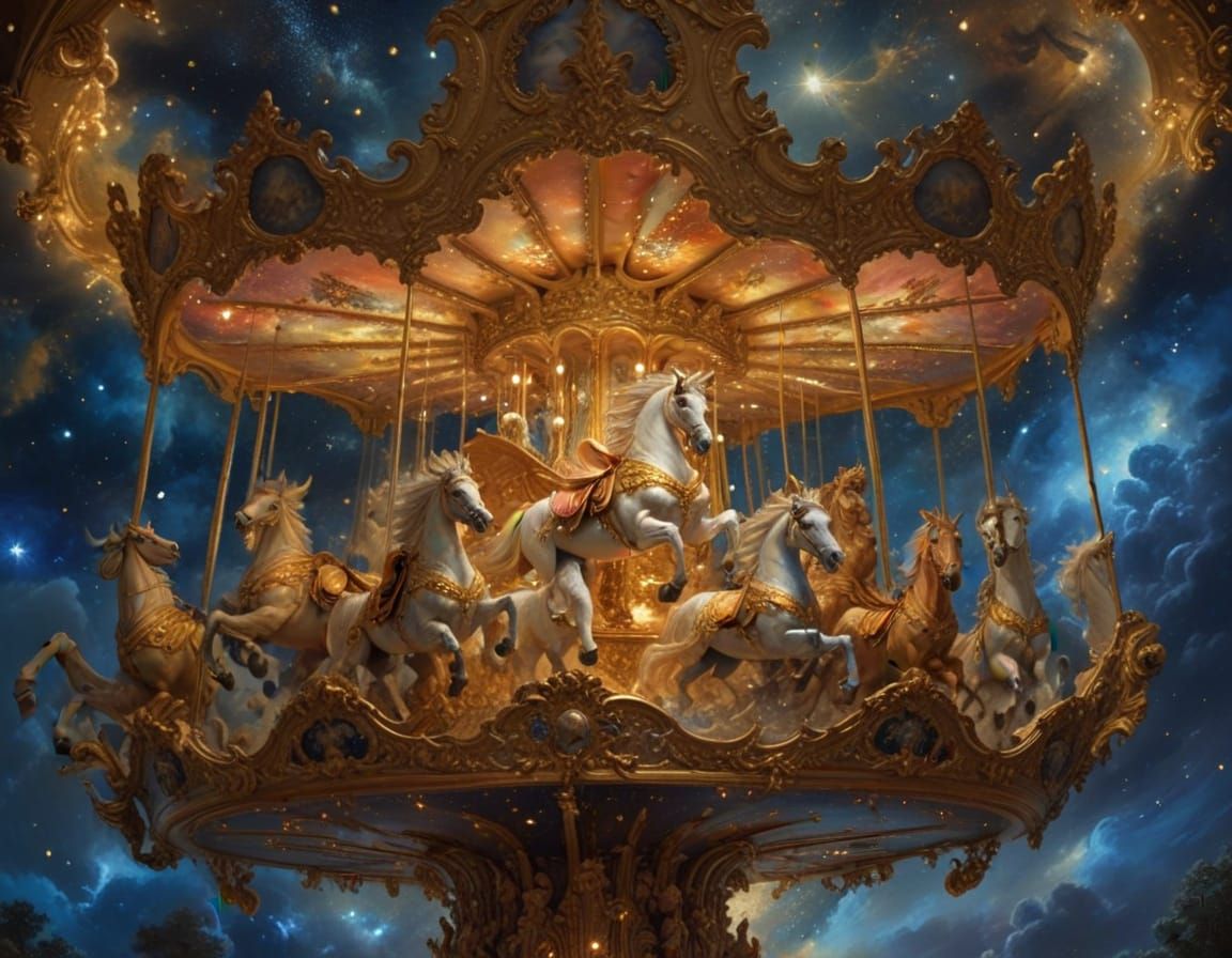 Cosmic Carousel Oil Painting in Dramatic Fantasy Style
