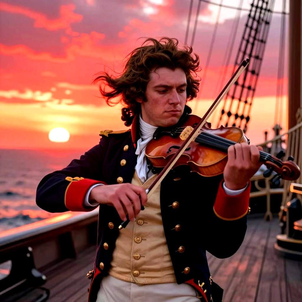 Naval Officer Plays Violin at Crimson Sunset