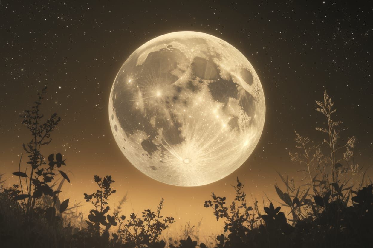 Ethereal Moon in a Starlit Sky with Delicate Botanical Forms