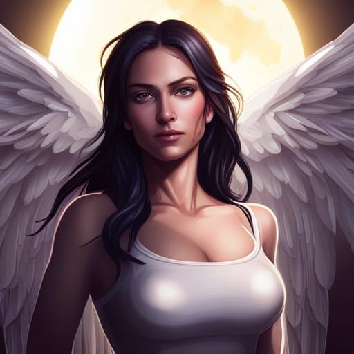 Angelic Portrait with Shimmering Moon, Hyperdetailed Art