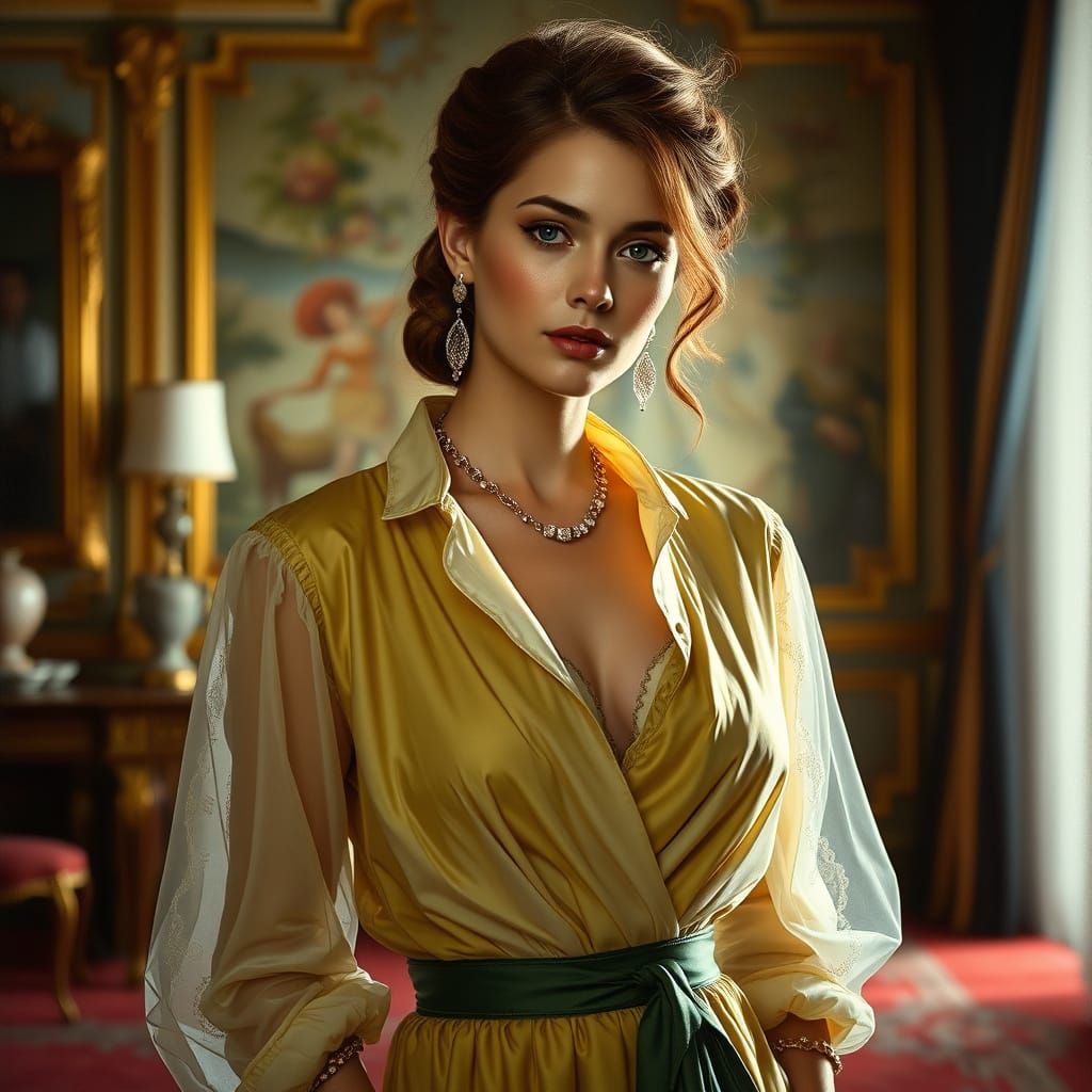 Elegant Woman Posing with Vibrant Colors and Dramatic Lighti...