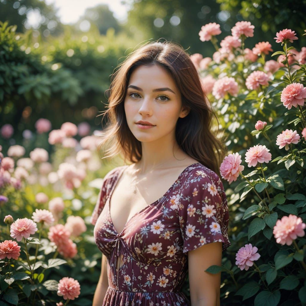 Woman in Flower Garden with Dreamy Bokeh