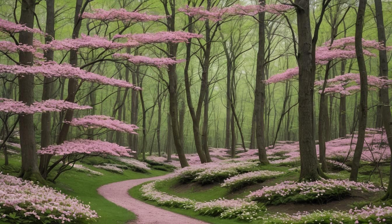 Enchanted Pink Dogwood Tree in Forest