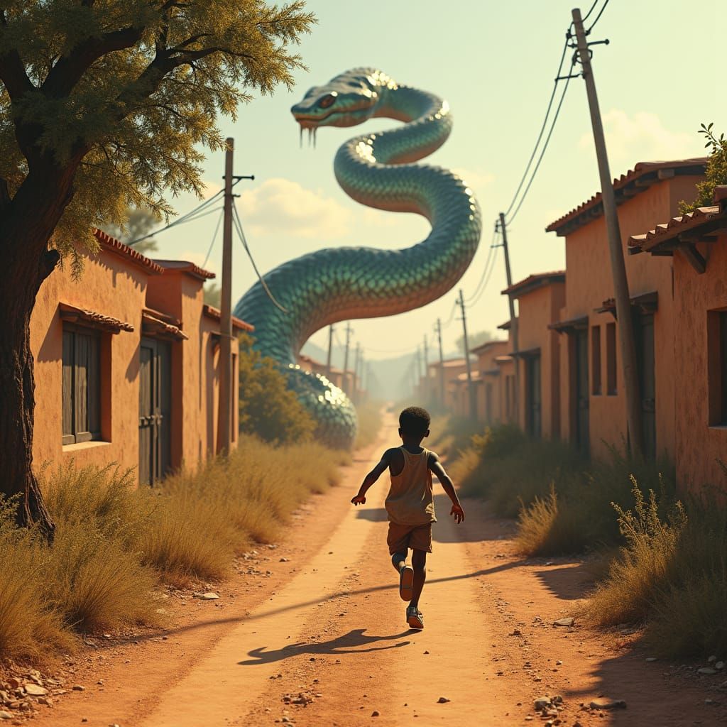African Child Escaping Snake in Photorealistic Style