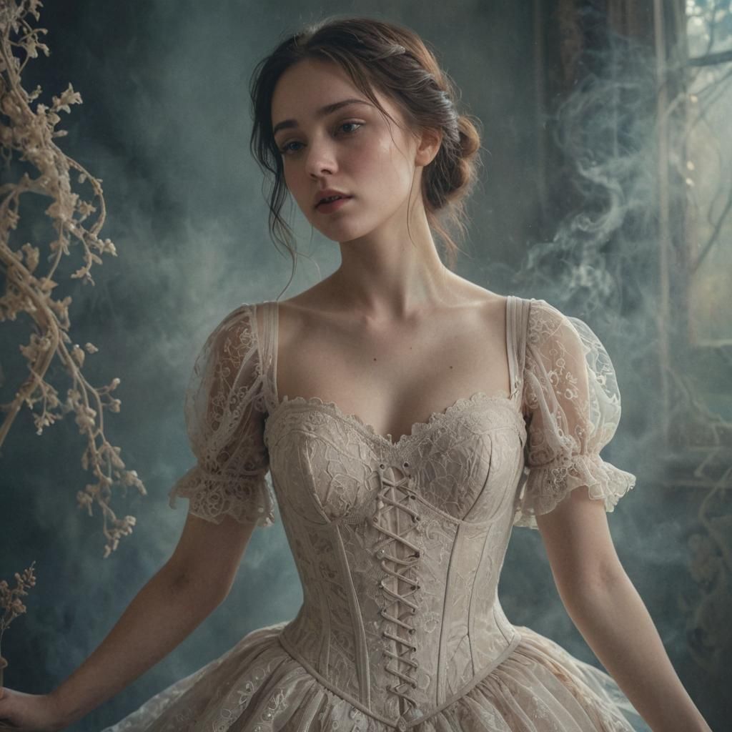 Ethereal Woman Vanishing into Mist in Soft Pastel Hues