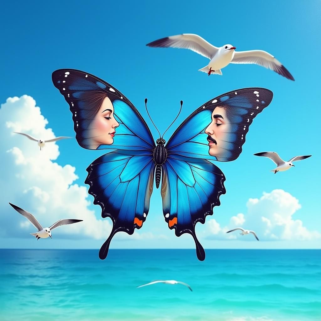 Surreal Butterfly with Kissing Faces in Dreamy Sky